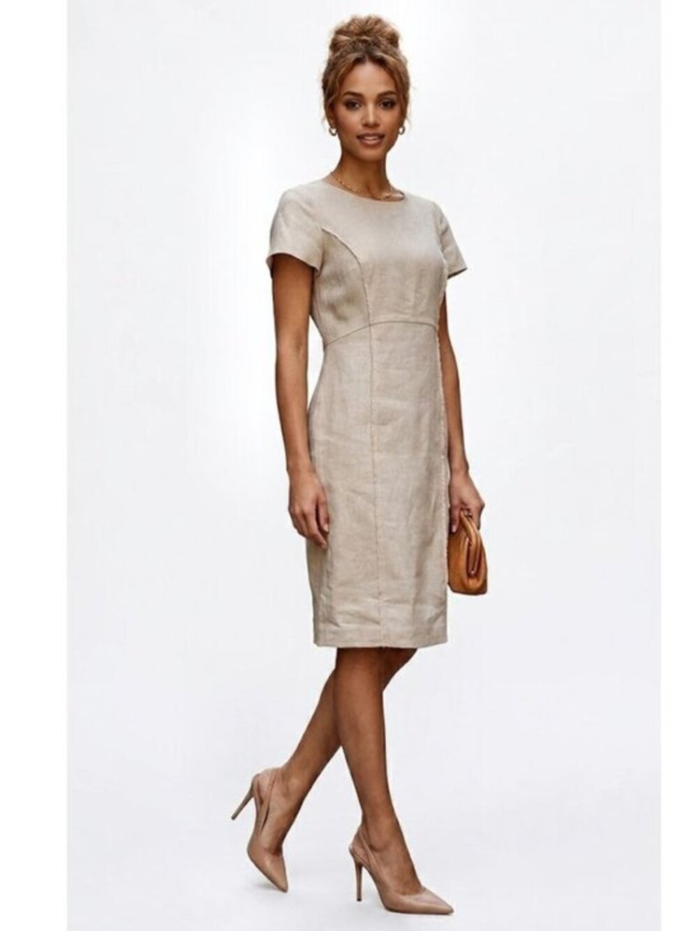 Lafayette 148 New York 100% Linen Short Sleeve Sheath Dress  Beige Womens Size 4